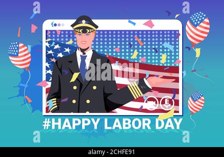 pilot in uniform holding USA flag happy labor day celebration self isolation online communication concept web browser window portrait horizontal vector illustration Stock Vector