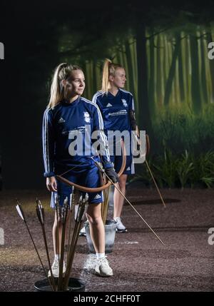 EDITORIAL USE ONLY Abi Cowie (right) and Olivia McLoughlin, both 15, from Birmingham City Regional Talent Club, which is an all female football team, participate in an archery/climbing/assault course challenge at The Bear Grylls Adventure to find &quot;Birmingham&Otilde;s Toughest Girl&quot;, and mark this Friday&Otilde;s International Day of the Girl.  Stock Photo