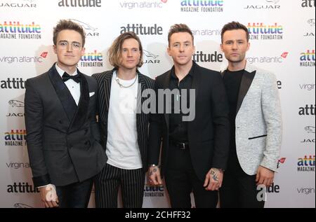 EDITORIAL USE ONLY McFly (left to right) Tom Fletcher, Dougie Poynter, Danny Jones and Harry Judd, attend the Virgin Atlantic Attitude Awards at the Roundhouse, London. Stock Photo