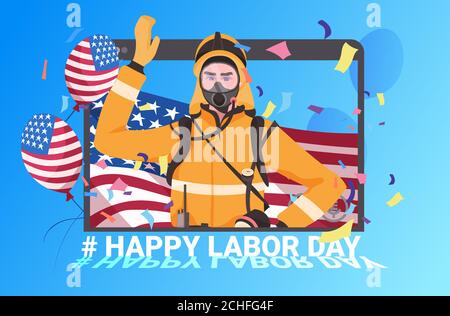 firefighter in uniform with USA flag happy labor day celebration self isolation online communication concept fireman in web browser window horizontal portrait vector illustration Stock Vector