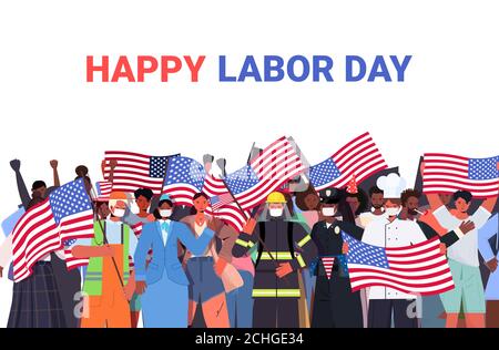 people of different occupations celebrating labor day mix race workers wearing masks to prevent coronavirus pandemic portrait horizontal vector illustration Stock Vector