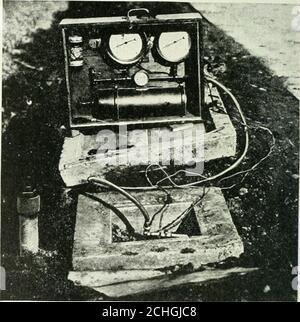 . Automotive industries . block E is of steel and is insulated from C, on whichit is supported by a layer of Bakelite cement No. 5.From the block E extends a No. 16 copper wire withtriple braid weather-proof insulation, through a Vs-in.galvanized iron pipe. Evidently when Block E is in me-tallic contact with disk B an electric circuit is closedthrough the ground. The soil pressure tends to closethis circuit, and by admitting compressed air through. Fig. 12—Diaphragm cell for determining soilpressure Fig. 13—Apparatus for reading pressure on soilpressure cells the iron pipe until the circuit is Stock Photo
