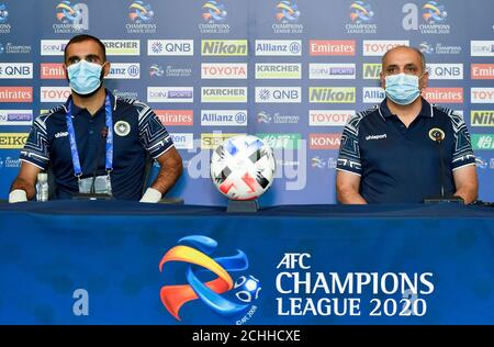 Doha, Qatar. 14th Sep, 2020. Head coach Moharram Navidkia (R) and player Mehdi Kiani (L) of Sepahan attend a press conference ahead of the group D match of AFC Champions League between Al Nassr of Saudi Arabia and Sepahan of Iran in Doha, capital of Qatar, Sept. 14, 2020. Credit: Nikku/Xinhua/Alamy Live News Stock Photo