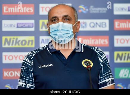 Doha, Qatar. 14th Sep, 2020. Head coach Moharram Navidkia of Sepahan attends a press conference ahead of the group D match of AFC Champions League between Al Nassr of Saudi Arabia and Sepahan of Iran in Doha, capital of Qatar, Sept. 14, 2020. Credit: Nikku/Xinhua/Alamy Live News Stock Photo