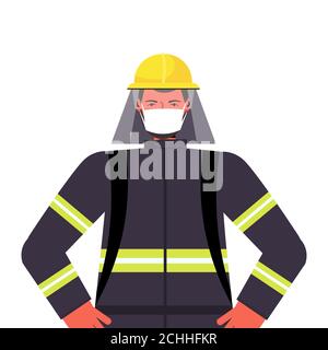 firefighter in uniform wearing mask to prevent coronavirus pandemic labor day celebration concept fireman portrait vector illustration Stock Vector