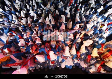 The scene in the Oceana nightclub in Swansea where 2,510 people, the majority of whom were students from the local university, gathered to smash the world record for the largest number of people dressed as Smurfs. Stock Photo