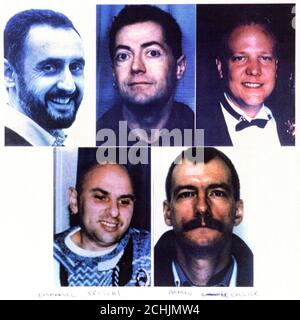 COMPOSITE OF GAY MURDER VICTIMS OF A SERIAL KILLER ATTACKING IN THE LONDON AREA. L-R TOP ROW PETER WALKER, CHRISTOPHER DUNN AND PERRY BRADLEY. BOTTOM ROW L-R EMMANUEL SPITERI AND ANDREW COLLIER. POLICE ISSUED THEIR FIRST VIDEOFIT PICTURE OF A MAN.  Stock Photo