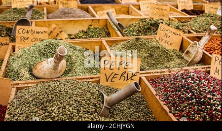 Different spices on display at farmers market Stock Photo