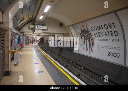 London, UK. 14 September 2020. A quiet underground station at Knightsbridge on Monday morning as many commuters and shoppers still forego travel into central London. Credit: Malcolm Park/Alamy Live News. Stock Photo