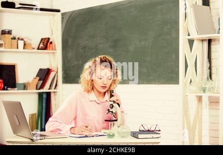 Formal education. Teachers day. Teacher difficult but very rewarding profession. Teacher pretty woman enjoy educational process. Сonstantly learning new skills. Girl adorable teacher in classroom. Stock Photo