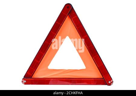 Red triangle sign isolated on white background. Emergency stop sign isolated over white with clipping path. Reflective road hazard warning triangle Stock Photo