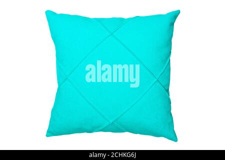Blue and clean pillow isolated on white background with clipping path. Close-up of blue pillow isolated on a white background. Pillow for sleeping. Stock Photo