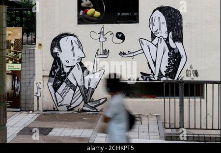 Hong Kong,China:SEPTEMBER 11th, 2020.  Brazilian,Alex Senna, known for his monochrome street artworks, joined the HKWalls 2018 team. His work by the C Stock Photo