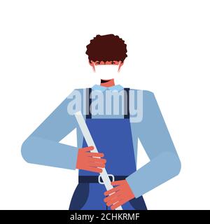 male cleaner using mop janitor wearing mask to prevent coronavirus pandemic self isolation labor day concept portrait vector illustration Stock Vector