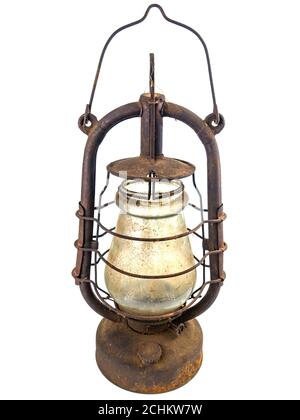 Old rusty kerosene lamp on a white background. Stock Photo