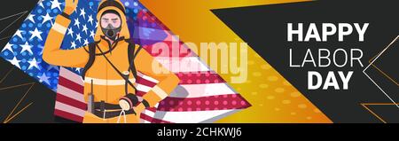 firefighter in uniform happy labor day celebration concept fireman in protection suit USA flag background portrait horizontal greeting card vector illustration Stock Vector