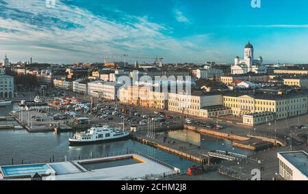 Helsinki, Finland. Panoramic Aerial View Of Market Square, Street With Presidential Palace And Helsinki Cathedral Stock Photo