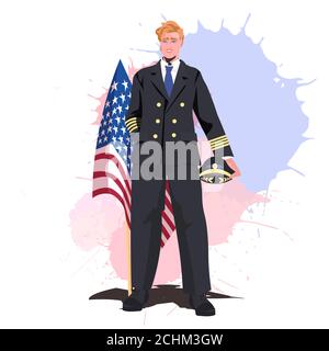 pilot in uniform holding USA flag happy labor day celebration concept full length vector illustration Stock Vector