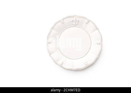 Flat lay with vintage empty plate isolated on white background top view with copy space Stock Photo