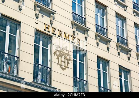 Sign of Hermes store on old bulding of Paris Stock Photo