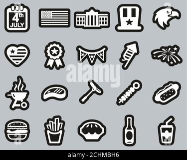 4th Of July Icons White On Black Stiker Set Big Stock Photo