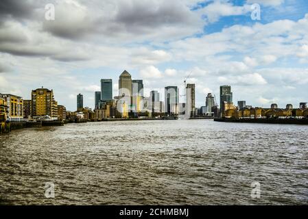 London, UK - April 07, 2017: Canary Wharf skyline at dusk - modern business district, hi rise properties, headquarters of major banks located in east Stock Photo