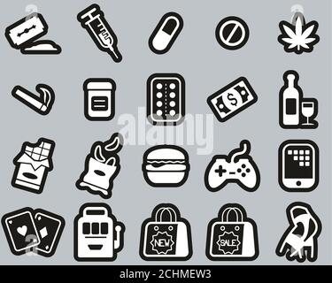 Addiction Icons White On Black Sticker Set Big Stock Photo