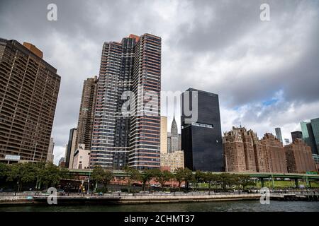 A view of midtown Manhattan skyline from the East River in New York City on Sunday, Sept. 13, 2020. (Gordon Donovan) Stock Photo