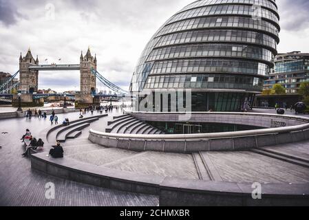 LONDON - APRIL 7: The London City Hall Building on April  2017 in London.The building has an unusual, bulbous shape, purportedly intended to reduce it Stock Photo