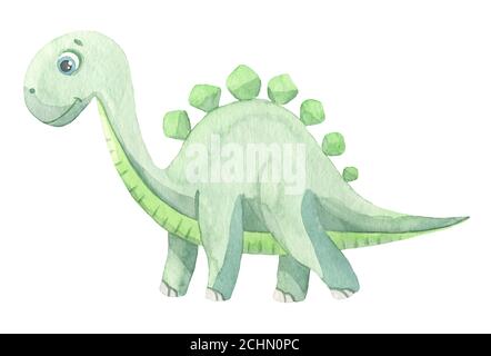 Cute cartoon green dinosaur painted in watercolor isolated on white ...
