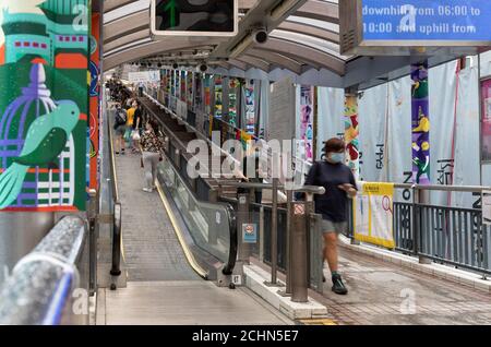 Hong Kong,China:11 Sep,2020.  The famous outdoor Central-Mid levels escalator Hong Kong. The system is the longest outdoor covered escalator system in Stock Photo