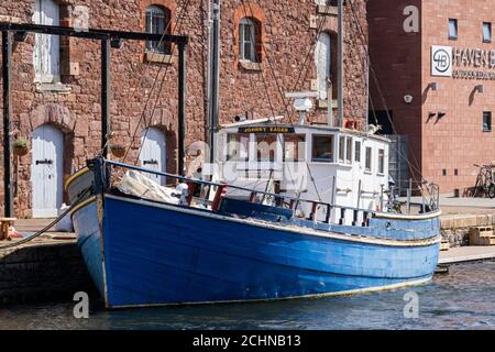 ‘Johnny Eager’: Blue Wooden Hulled Ex Royal Navy Motor Fishing Vessel, Moored in Haven Banks in the Exeter Basin. Stock Photo