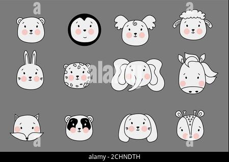 Cute simple animal portraits. Vector big set - a sheep and a bear, a koala and a cheetah, an elephant and a horse, a fox, a panda and a deer, a hare Stock Vector
