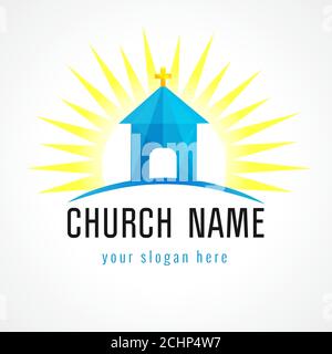 Church in sun light vector logo. Missionary stained-glass icon. Template symbol for churches, events and christian organizations. Church house on hill Stock Vector