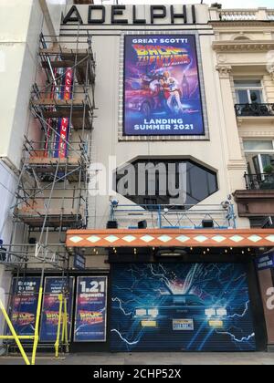 The Adelphi Theatre in London's West End was showing the musical WAITRESS when it was forced to close on 16th March 2020 as a result of the COVID-19 pandemic. Now undergoing renovations and advertising a new production of BACK TO THE FUTURE scheduled to open in summer 2021. Stock Photo