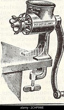 . 1915 Griffith and Turner Co. : farm and garden supplies . A strong, rapid. durable machine.Pares very closeat botli ends oftlie apple. Whenpassing the endof the fork theknife recedes,leaving ampleroom for placingthe apple on theDoes not core or slice. Push-oftitomatic. Price, 75c. each.. THE UNIVERSALFOOD CHOPPER Chops all kinds of meat, raw orcooked, and all kinds of fruits andegetables — in fact, everythingthat is ordinarily chopped in achopping bowl-—into clean-cut.uniform pieces, fine or coarse, aswanted, without squeezing ormashing, and with great rapidity.No. 0, Small Family, three cu Stock Photo