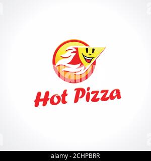 Hot pizza vector logo. Fiery piece of cake, smiling face, animation. Cafe express delivering service icon. Abstract isolated graphic design template. Stock Vector