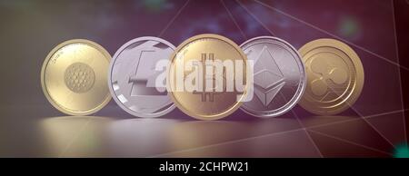 Cryptocurrency virtual coins set on abstract technology background. Bitcoin, ripple, litecoin, eos, ethereum. Blockchain, crypto currency, mining conc Stock Photo