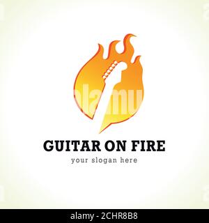 Rock concert vector logo. Guitar on fire. Rock band symbol. Electric guitar fretboard in flame. Art events and tours symbol. Abstract isolated graphic Stock Vector