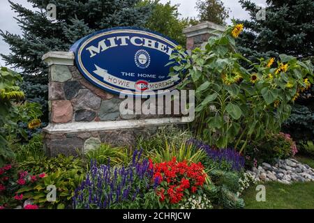 A view of the entrance to the town of Michell, home of Howie Morenz, famous hokey player who made a career with the CH Montreal Canadians. Le Canadien. Stock Photo