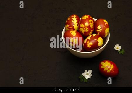 Easter eggs dyed with onion peels with a pattern of fresh leaves of plants in white bowl on black background. DIY. Mockup of Easter card Stock Photo