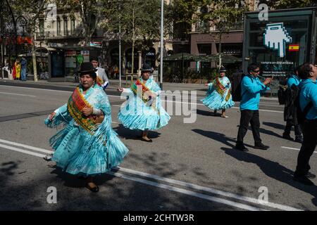 Barcelona, Spain. 12 October 2019: Bolivian Moreno dancers during Dia de la Hispanidad in Barcelona. Stock Photo