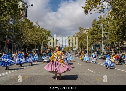 Barcelona, Spain. 12 October 2019: Bolivian Moreno dancers during Dia de la Hispanidad in Barcelona. Stock Photo