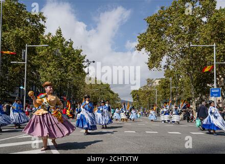 Barcelona, Spain. 12 October 2019: Bolivian Moreno dancers during Dia de la Hispanidad in Barcelona. Stock Photo