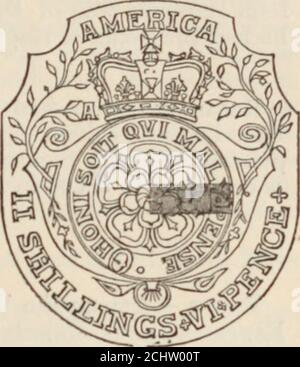 . The New England historical and genealogical register . passing through them both, and covered behind by a counter-stamp, somewhat smaller, bearing the device of a crown and the cypher G. R. Thiscounter-stamp was printed on similar, but usually white, paper. An illustration ofa smaller denomination is given in Loggings * Field Book of the Revolution, vol.ii. ; but it lacks the word k America, which will be observed on this. These stamps are rare ; but the Hon. Dr. Samuel A. Green, librarian of theMassachusetts Historical Society, has three specimens, and that society has threemore. Ten years Stock Photo