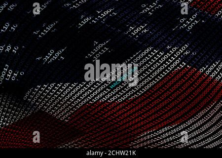 Binary code with inscription hacker usa on background of American flag. Stock Photo