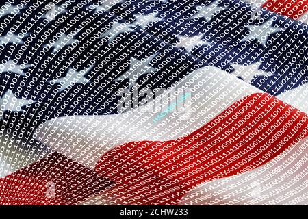 Binary code with inscription hacker usa on background of American flag. Stock Photo