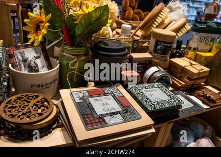 September 12, 2020 - Shawinigan, Qc, Canada: Decoration Items Display in a Québec Gift Shop Stock Photo