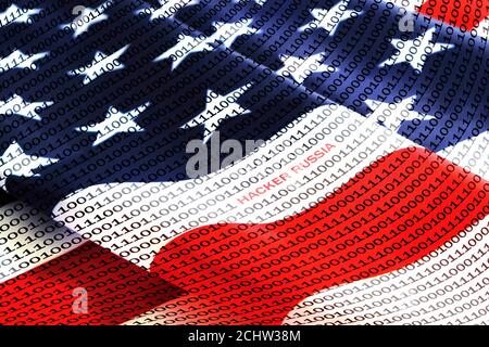 Binary code with inscription hacker russian on background of American flag Stock Photo