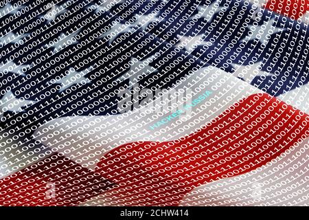 Binary code with inscription hacker russian on background of American flag Stock Photo